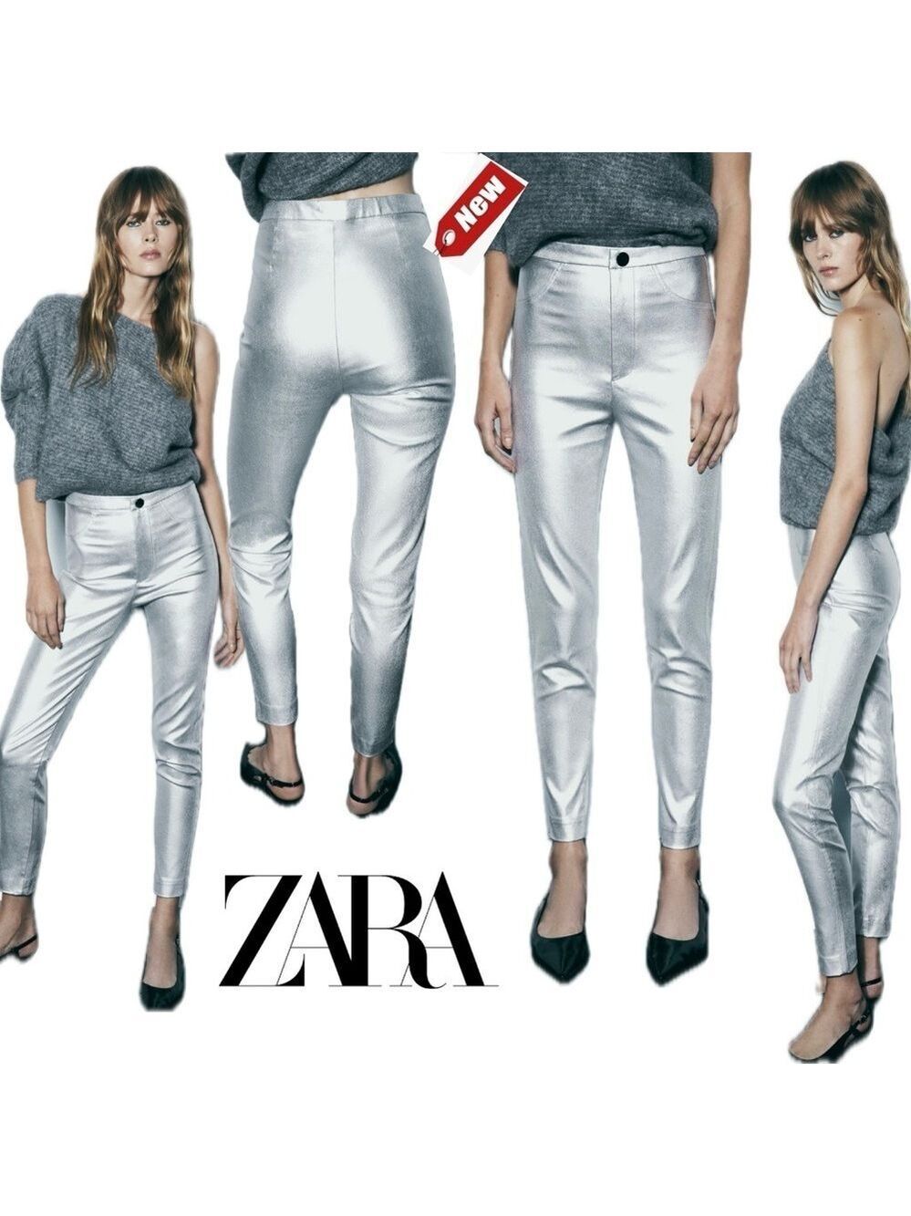 Zara metallic silver liquid foil mid rise slim fit leggings pants Sz M NWT